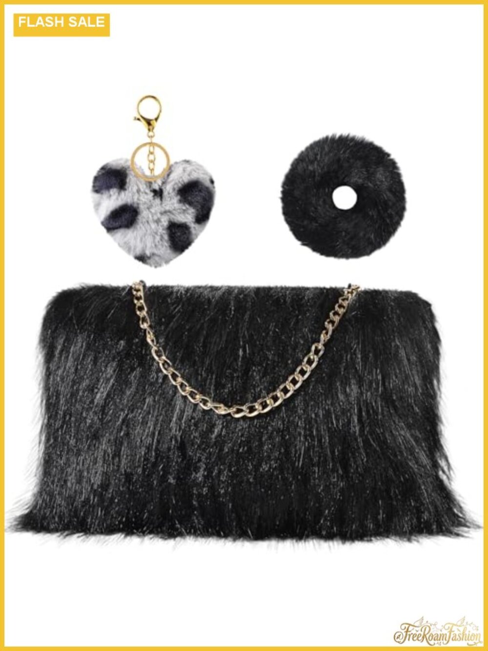 3 Pcs Faux Fur Handbag Set with Leopard Print Keychain Hair Tie Party